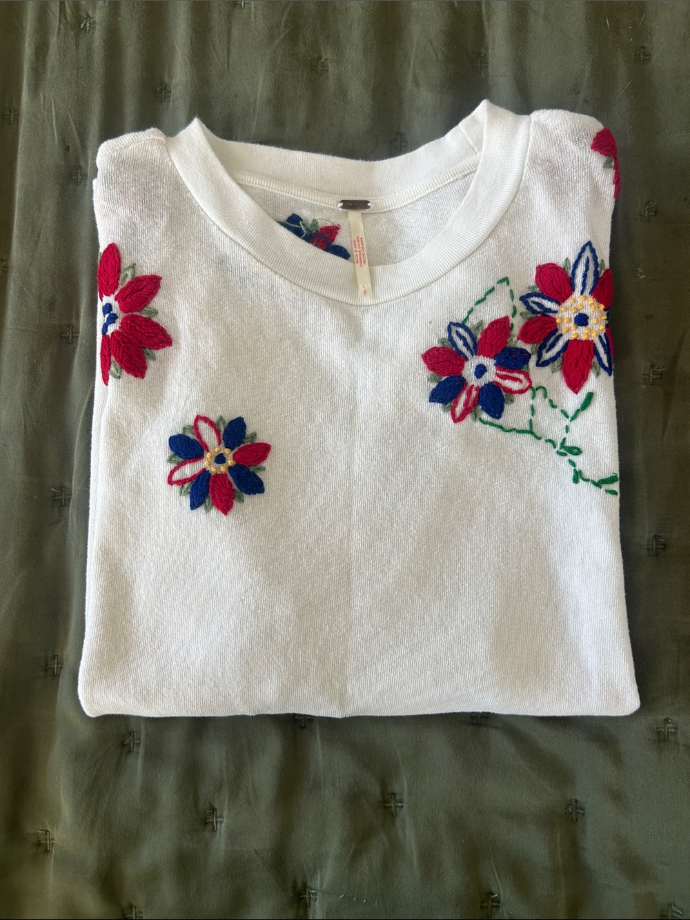 Free People White Crewneck Sweater with Red and Blue Floral Embroidery